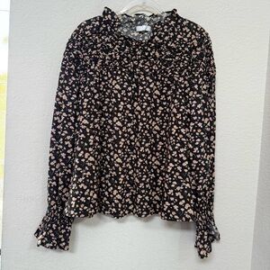 Merlette Blouse Black Floral Print Smocked High Ruffle Neck